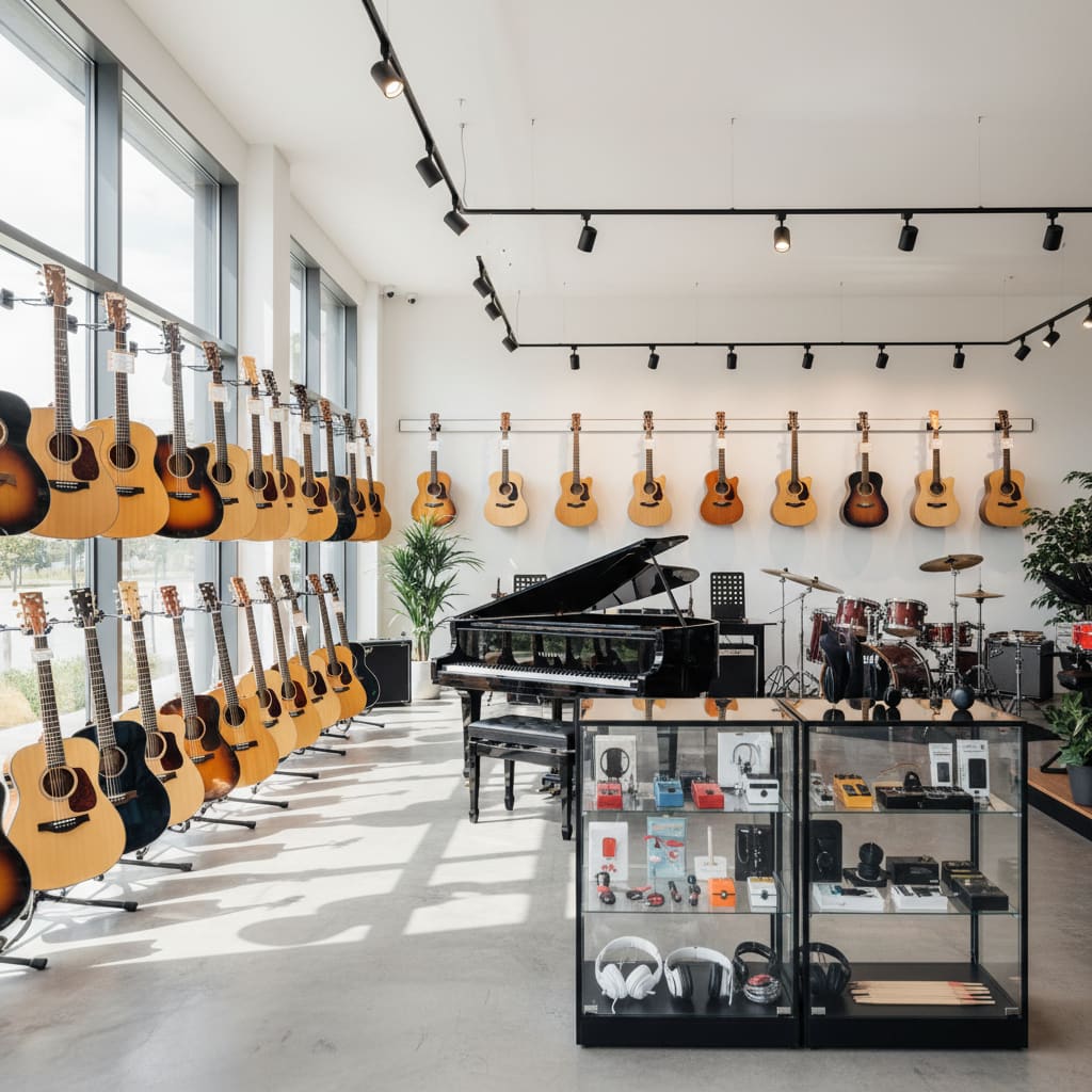 Interior of Aslivola Music Shop with guitars and pianos on display