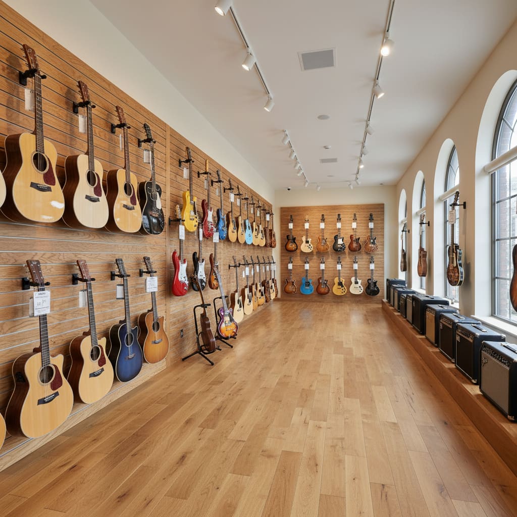 Wall display with acoustic and electric guitars