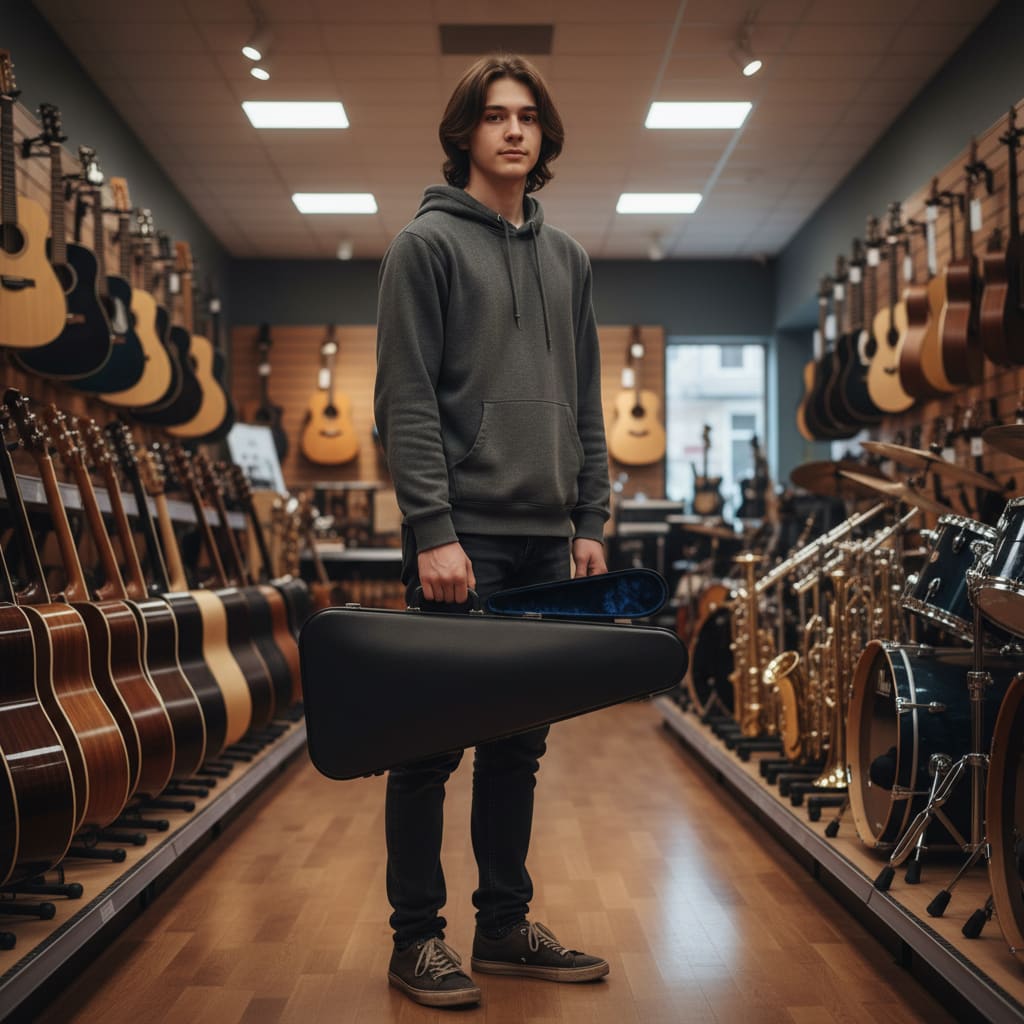 Student holding a violin case inside the music shop